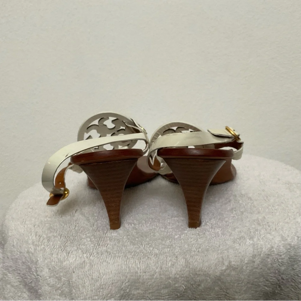 Tory Burch Miller Holly Ivory Patent Slingback Heeled Sandal Size 8.5m Summer